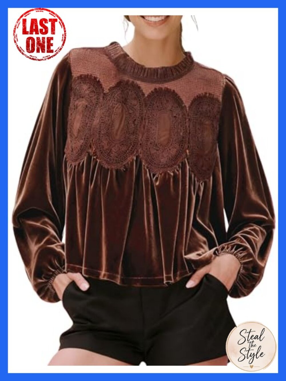 Women's Velvet Lace Trim Long Sleeve Blouse Flowy Formal Top